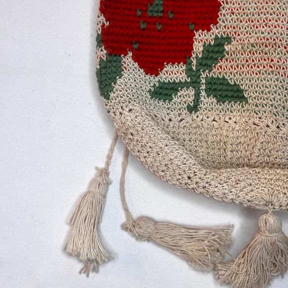 Antique 1920s Macrame Crochet Drawstring Purse Orange Flower Crossbody Tassels - Picture 3 of 16